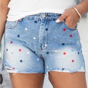 Pink Lily “Born in the USA Star Embroidered Denim Shorts”